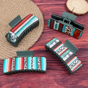 1/4 Pcs Vintage Southwestern PU Leather Printed Hair Claw Clips, Nonslip Hair Clips For Women, Strong Hold Hair Accessory For Th