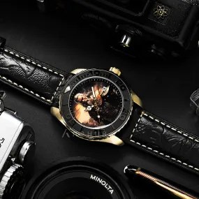 Aries Gold The Huang Zhong San Guo Series Black Leather Strap Men Watch G 8040 SAN-SHI