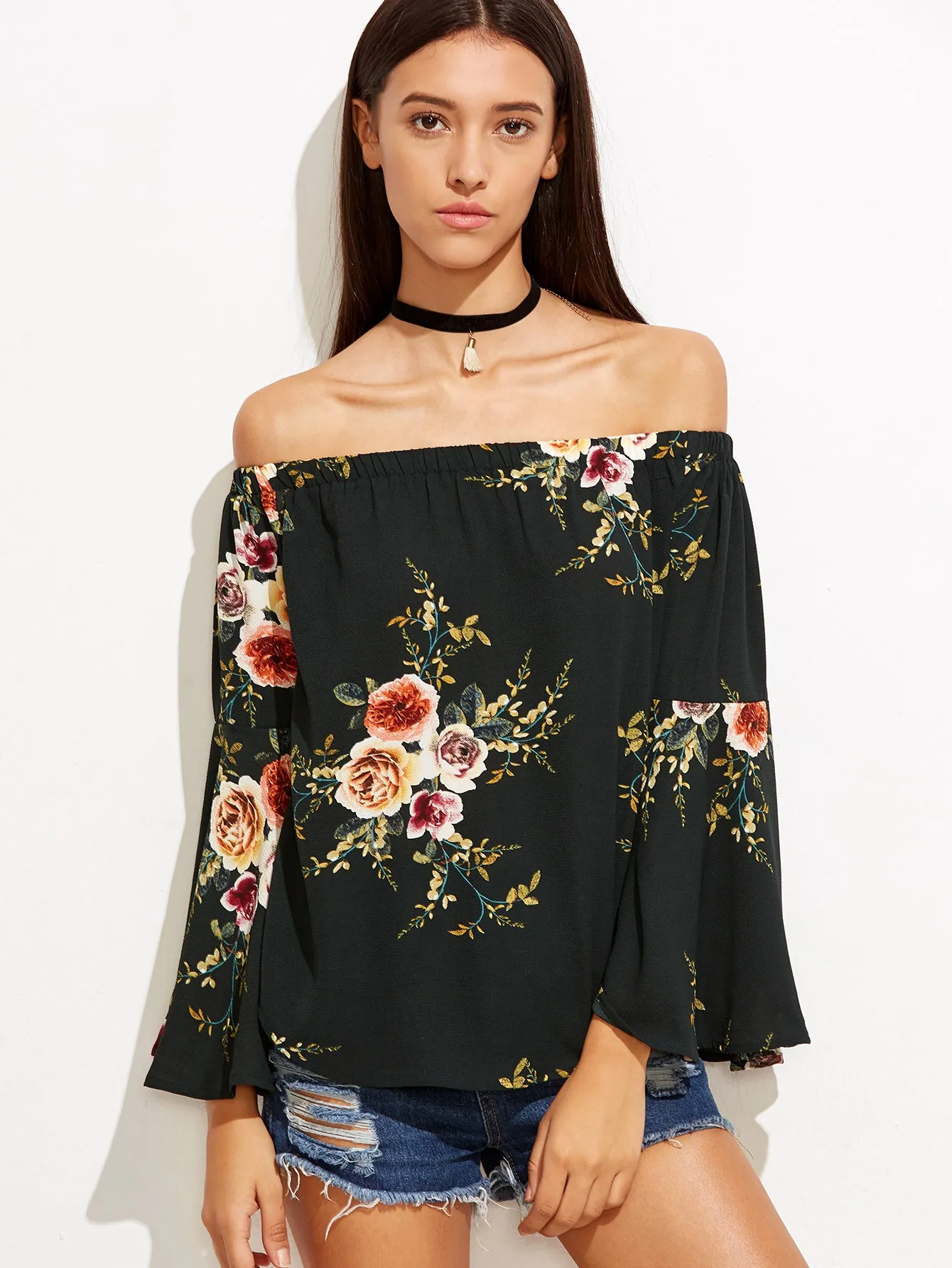 Black Floral Print Off Shoulder Top