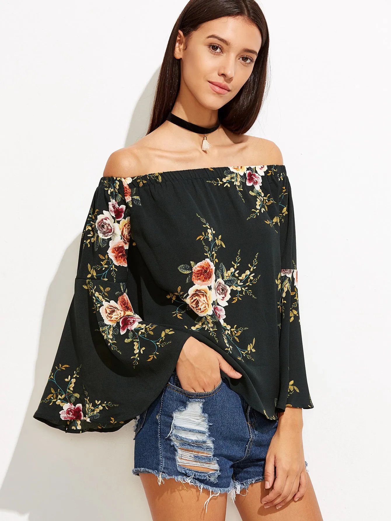 Black Floral Print Off Shoulder Top