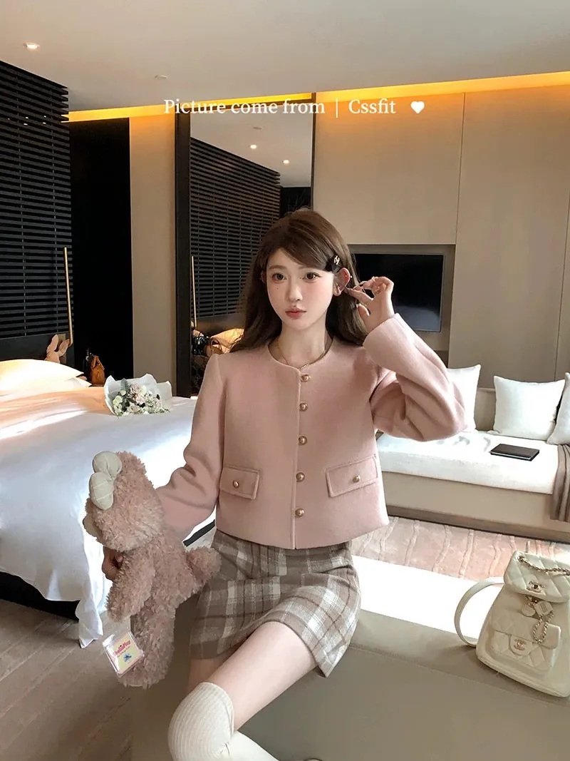 Chi San Umbrella cherry milk wine soft and waxy pink small fragrant quilted jacket short plaid skirt suit for women