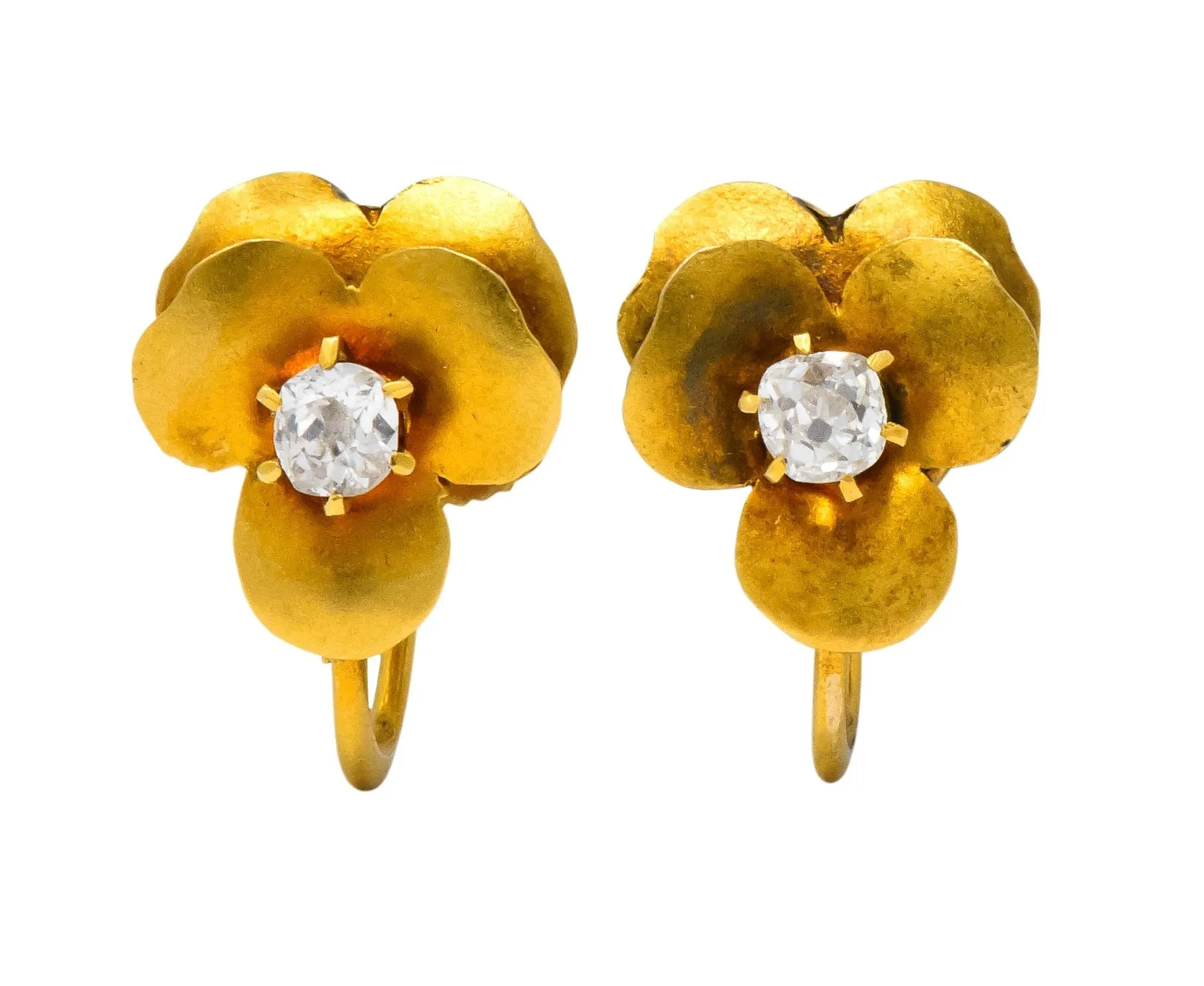 Church & Company Retro Diamond 14 Karat Gold Pansy Flower Earrings