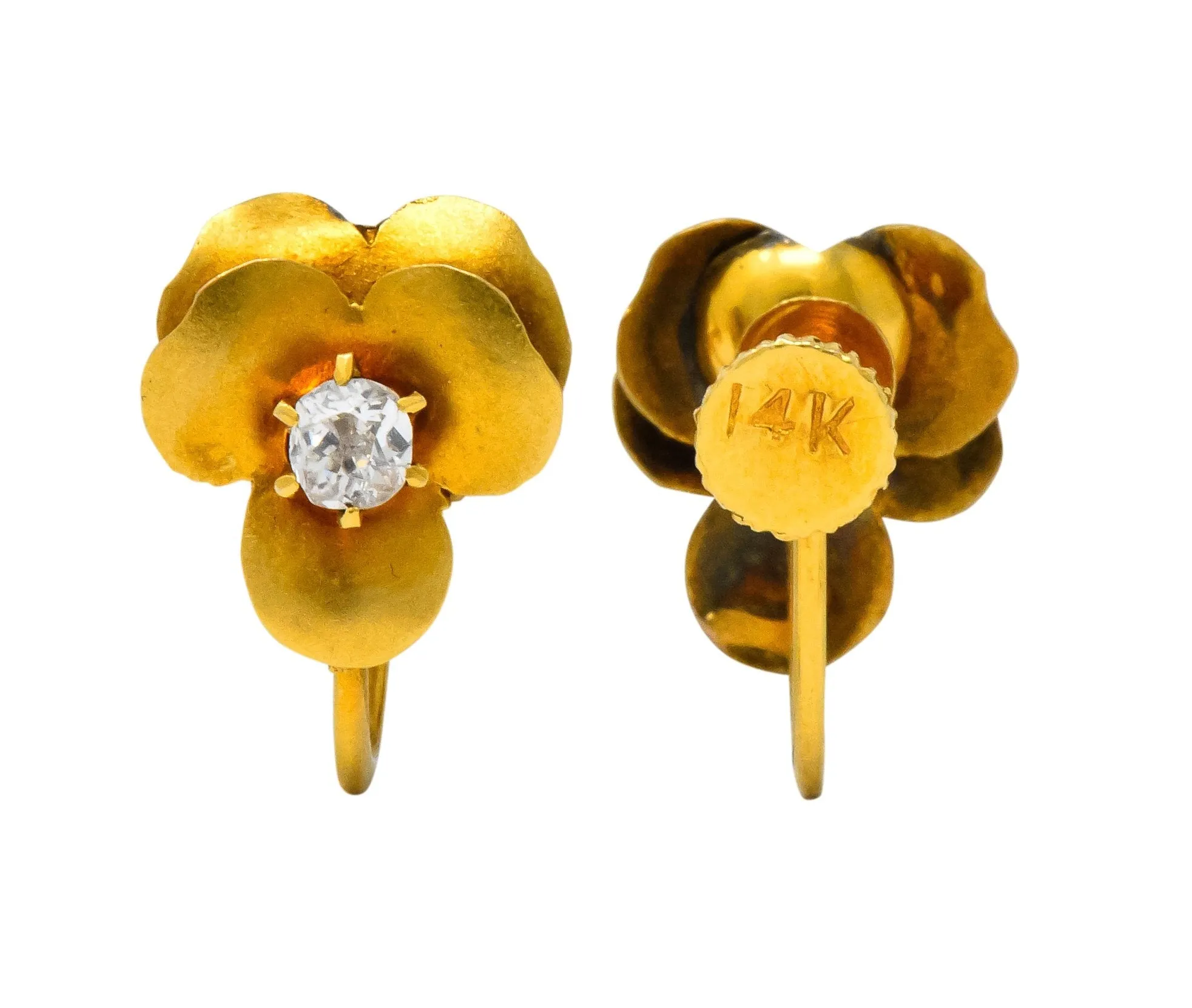 Church & Company Retro Diamond 14 Karat Gold Pansy Flower Earrings