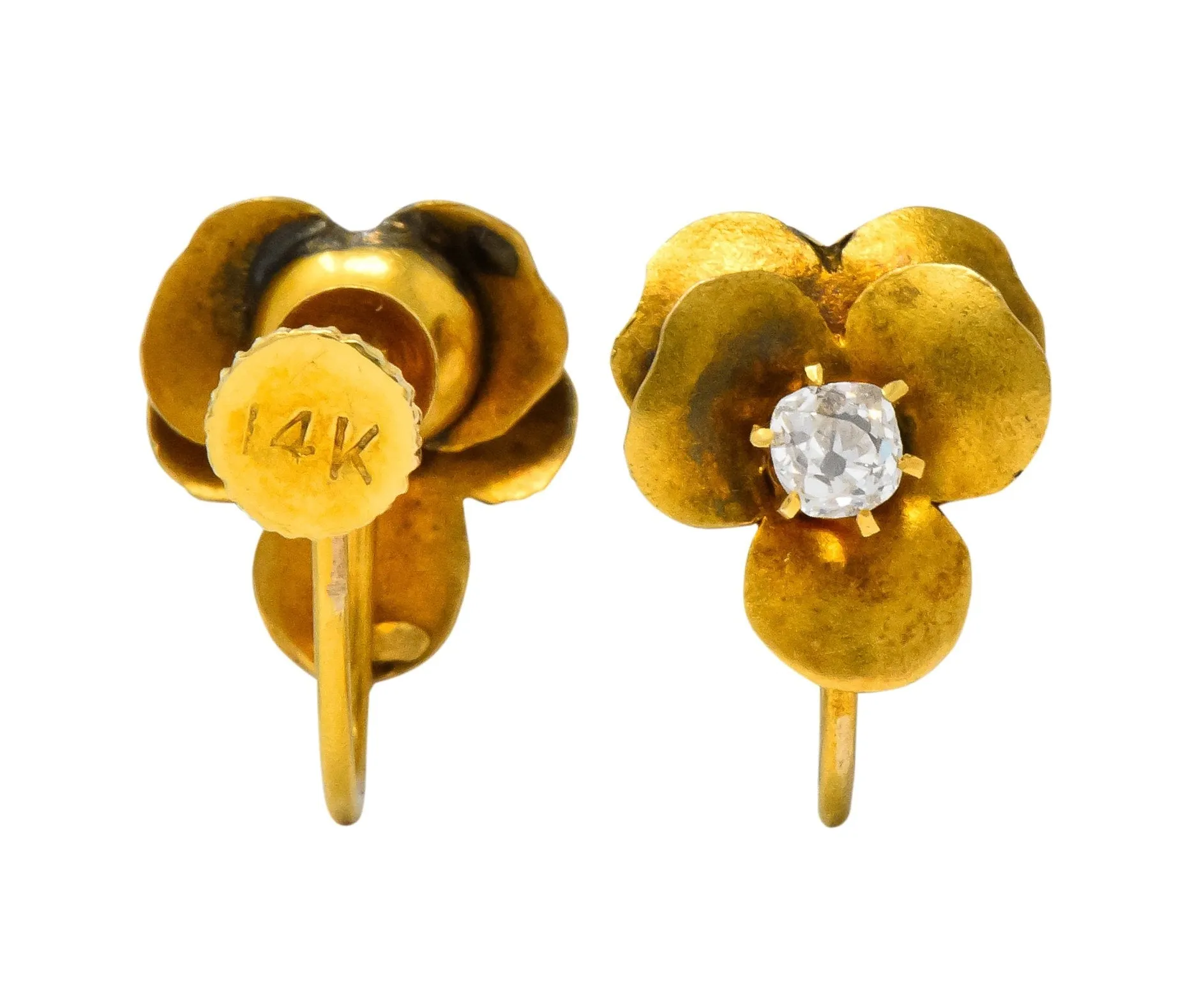 Church & Company Retro Diamond 14 Karat Gold Pansy Flower Earrings