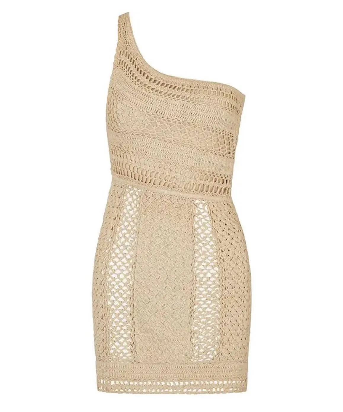 Crochet One Shoulder Mini Dress In Beige