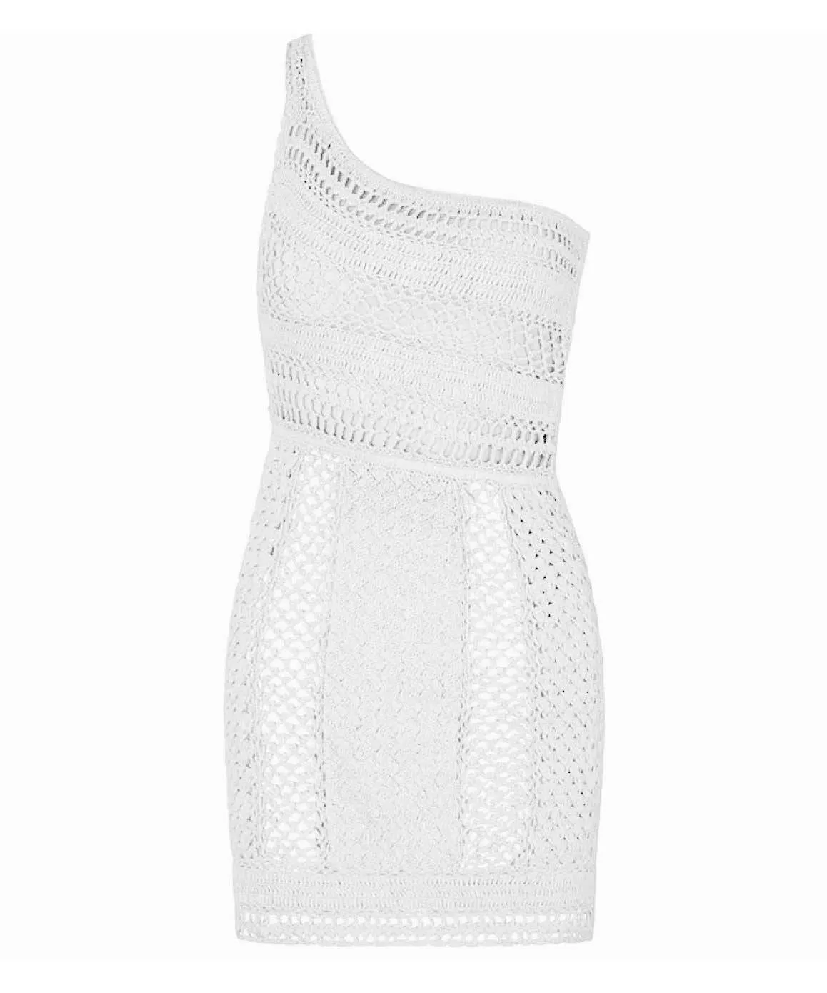 Crochet One Shoulder Mini Dress In Beige