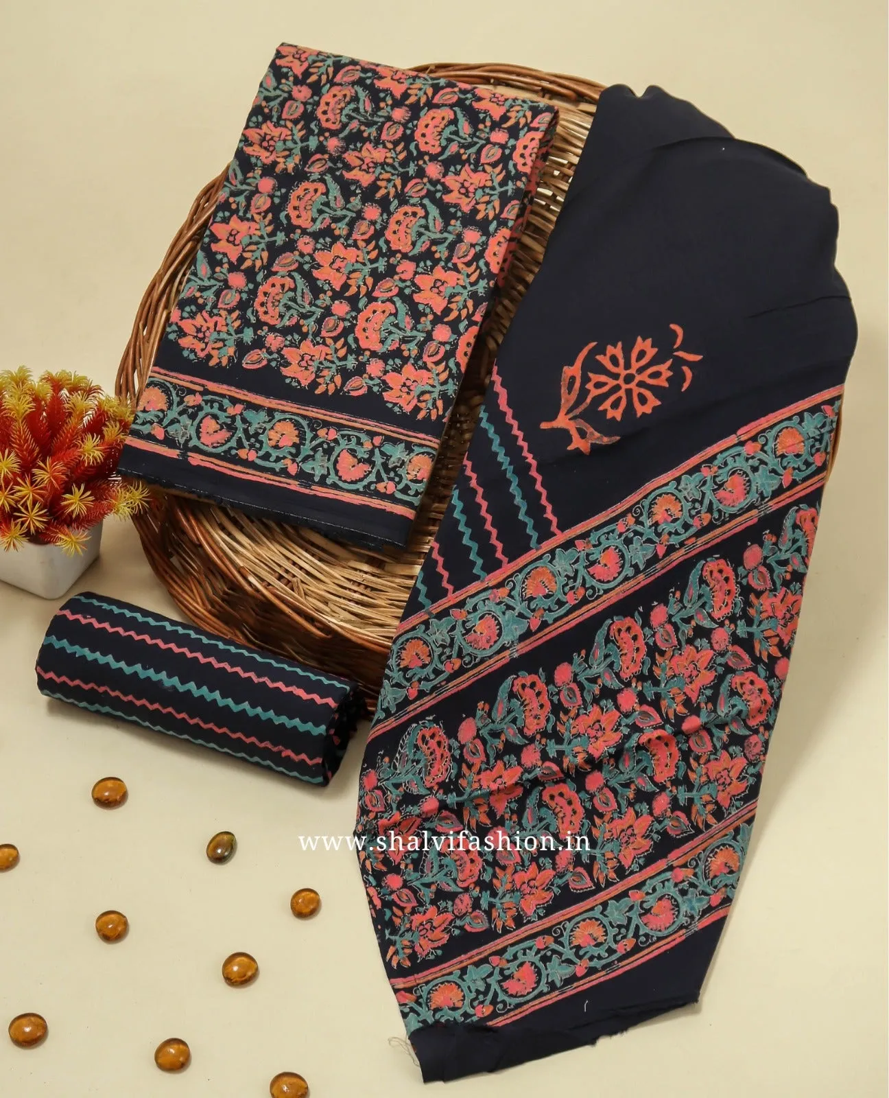 Designer Hand Block Print Cotton Suit Set with Mulmul Dupatta (PRMUL241)