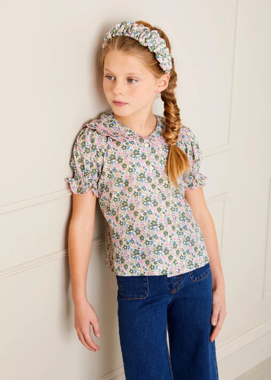 Emilia Floral Print Scallop Detail Short Sleeve Blouse in Green (18mths-10yrs)