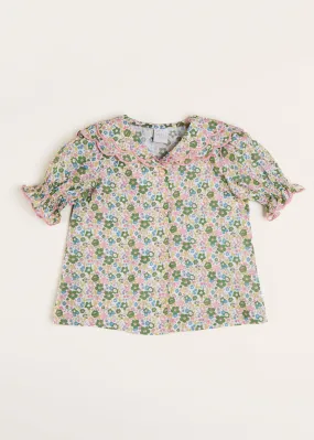 Emilia Floral Print Scallop Detail Short Sleeve Blouse in Green (18mths-10yrs)