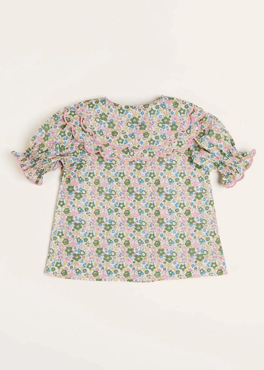 Emilia Floral Print Scallop Detail Short Sleeve Blouse in Green (18mths-10yrs)