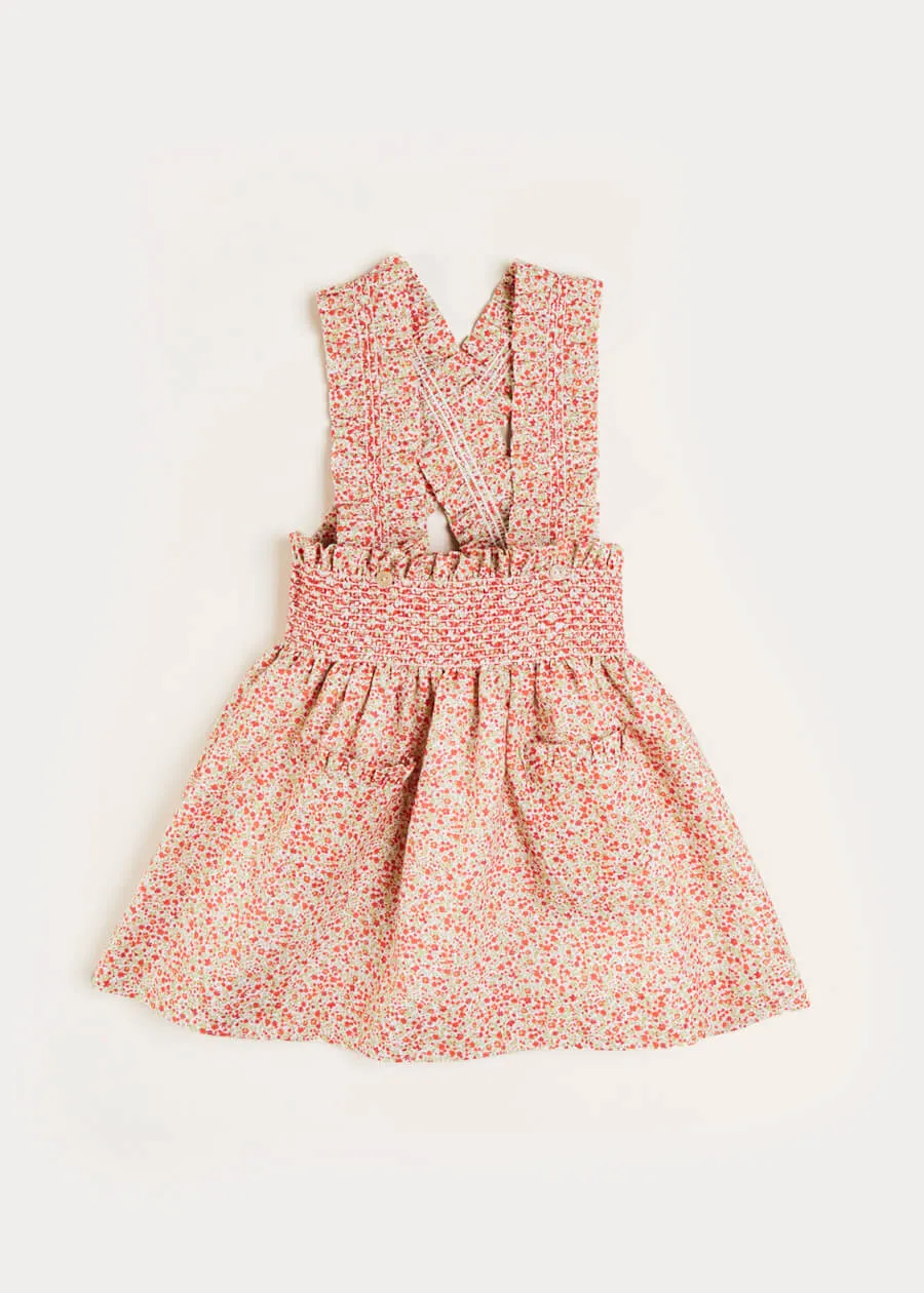 Emma Floral Print Smocked Detail Skirt with Braces in Red (12mths-6yrs)