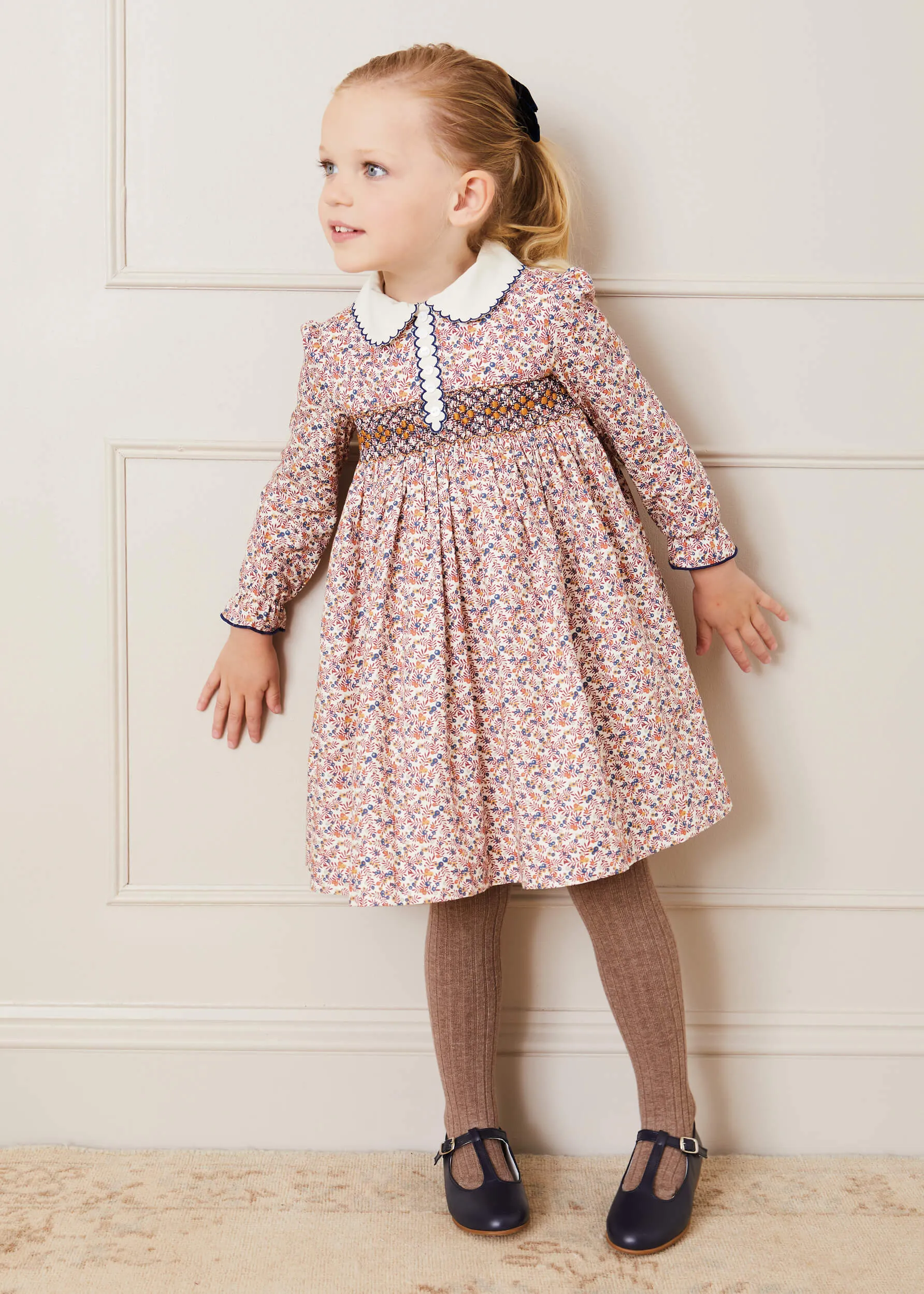 Floral Handsmocked Long Sleeve Collar Dress In Tan (12mths-6yrs)