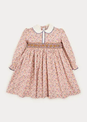 Floral Handsmocked Long Sleeve Collar Dress In Tan (12mths-6yrs)