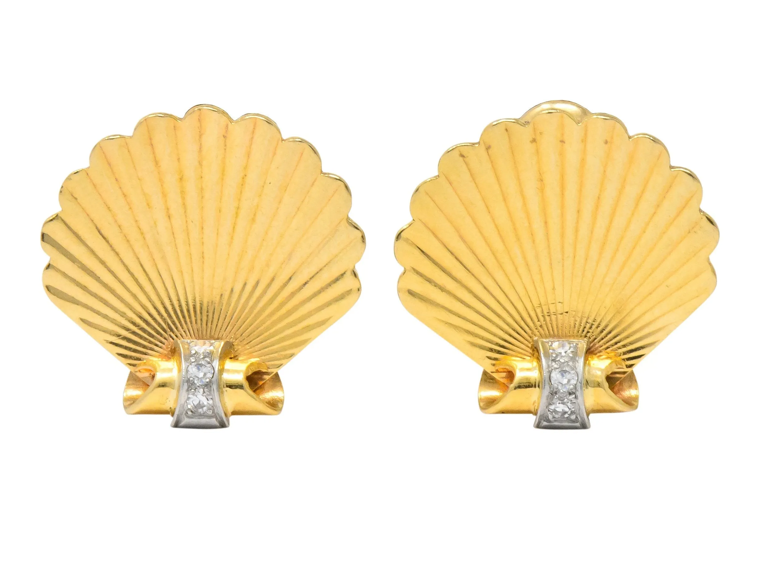 J.E. Caldwell Retro Diamond 14 Karat Gold Seashell Screw Back Earrings