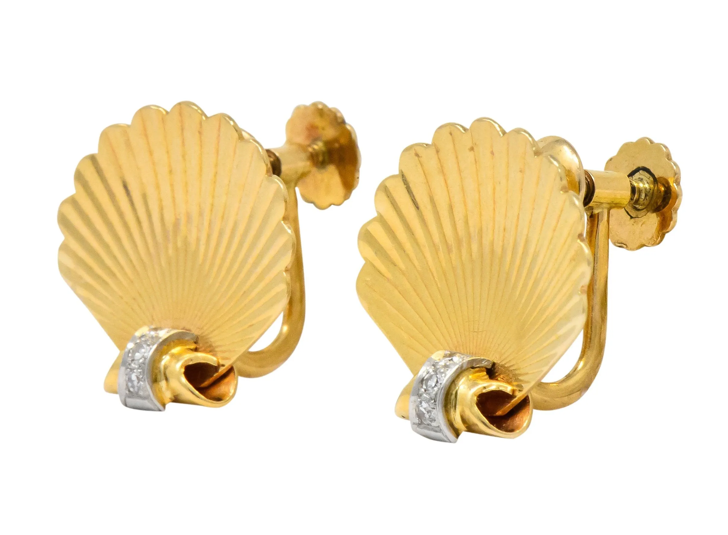 J.E. Caldwell Retro Diamond 14 Karat Gold Seashell Screw Back Earrings