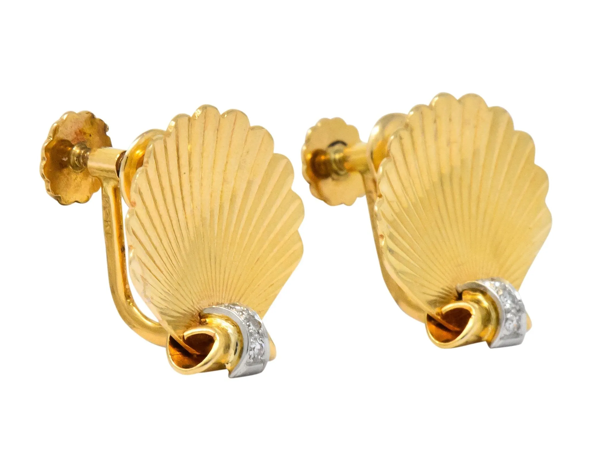 J.E. Caldwell Retro Diamond 14 Karat Gold Seashell Screw Back Earrings