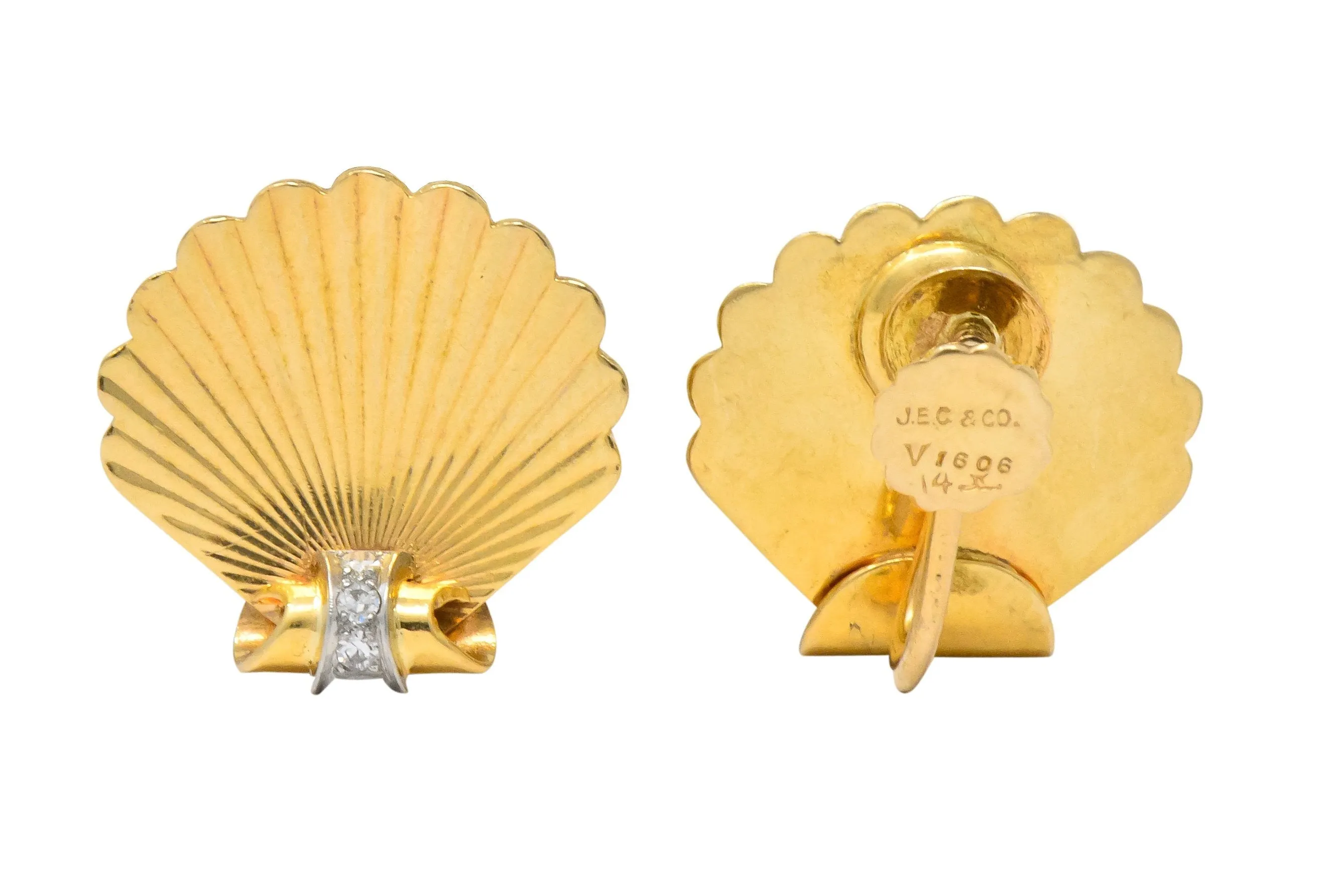 J.E. Caldwell Retro Diamond 14 Karat Gold Seashell Screw Back Earrings