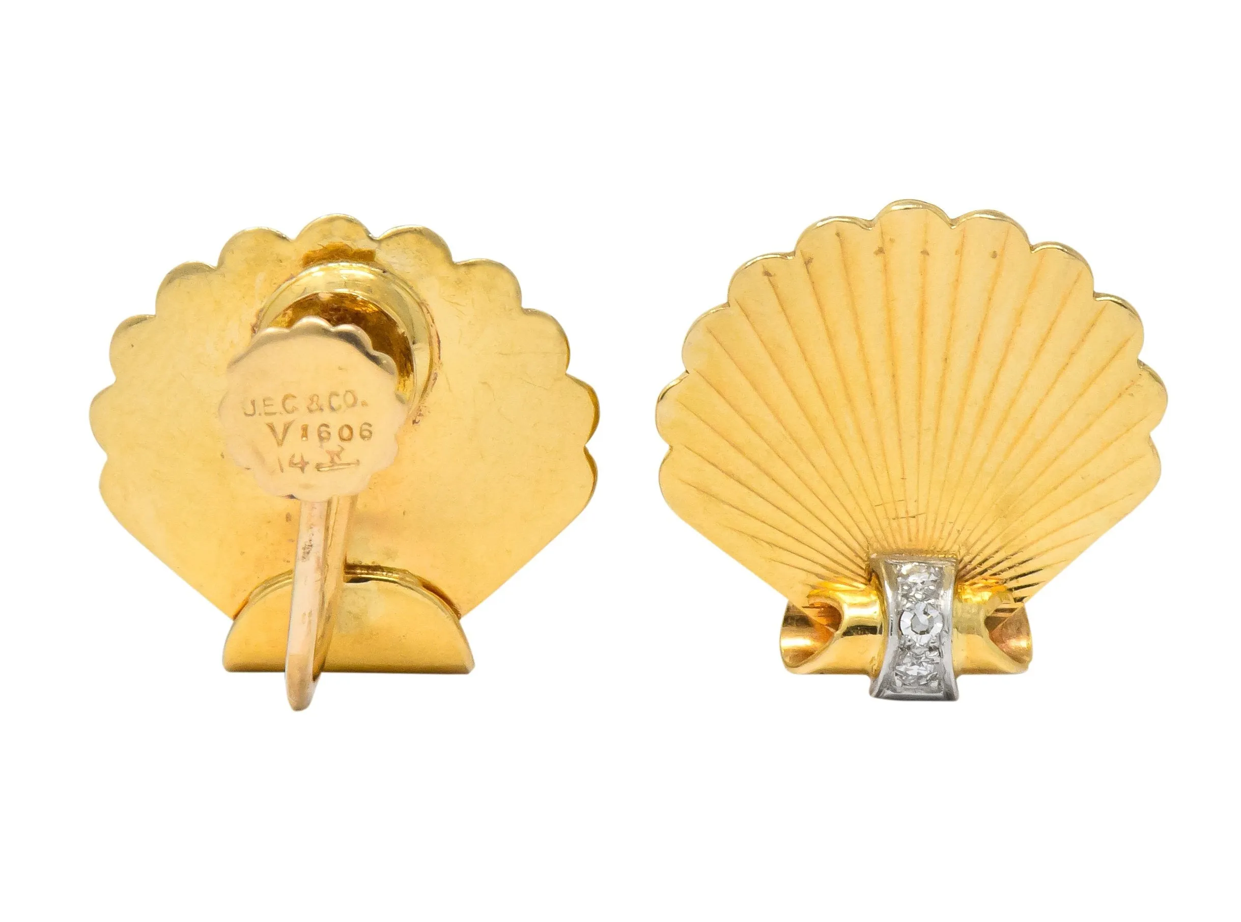 J.E. Caldwell Retro Diamond 14 Karat Gold Seashell Screw Back Earrings