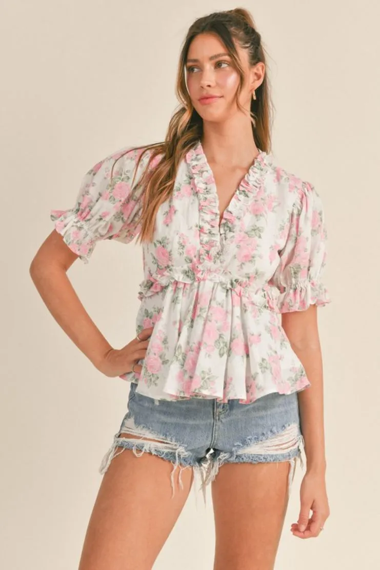 Lilibet Floral Print Puff Sleeve Ruffle Top