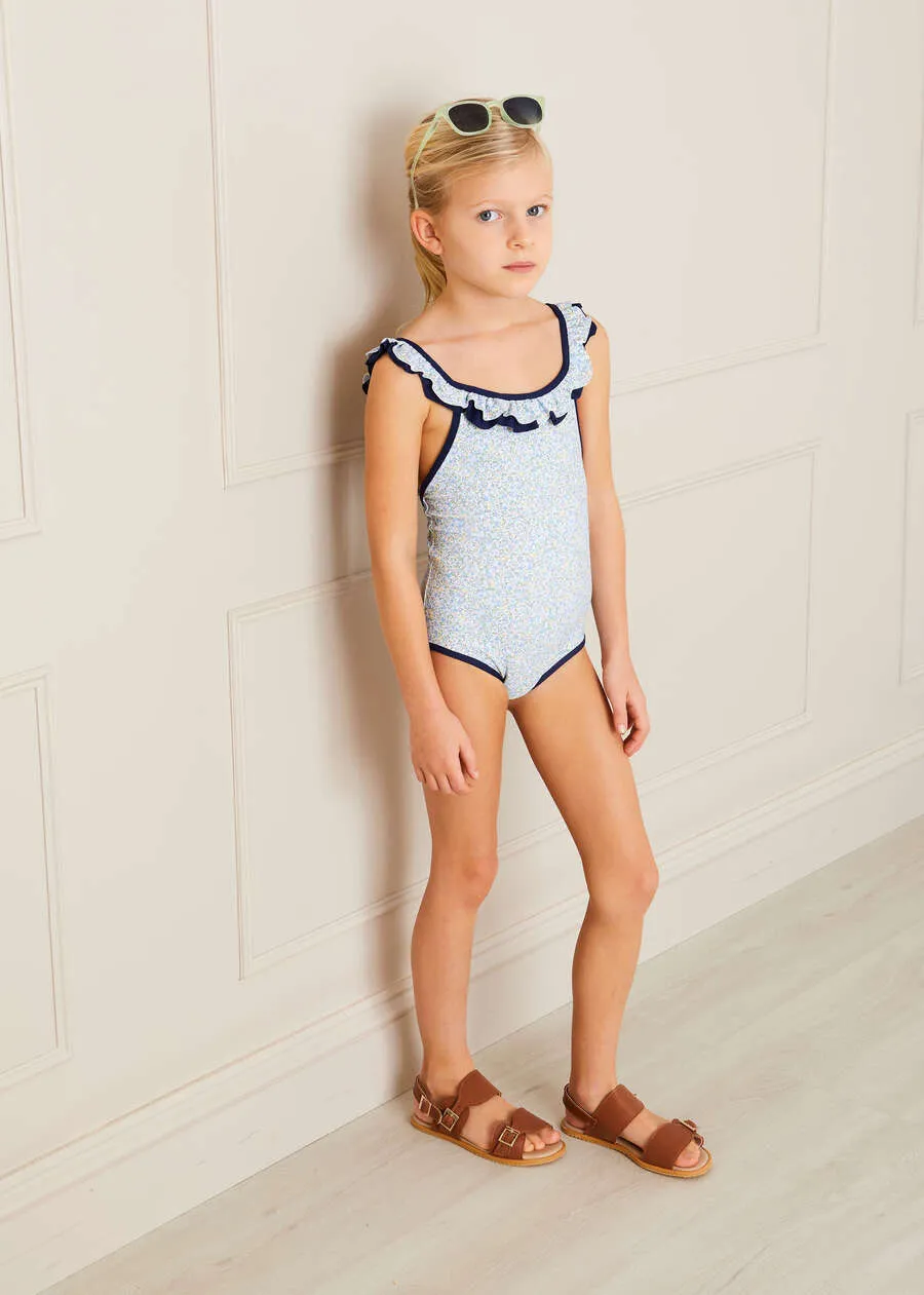 Matilda Floral Print Ruffle Trim Swimsuit in Blue (2-8yrs)