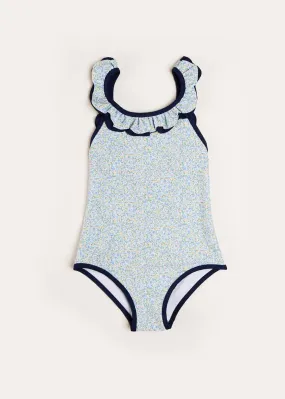 Matilda Floral Print Ruffle Trim Swimsuit in Blue (2-8yrs)