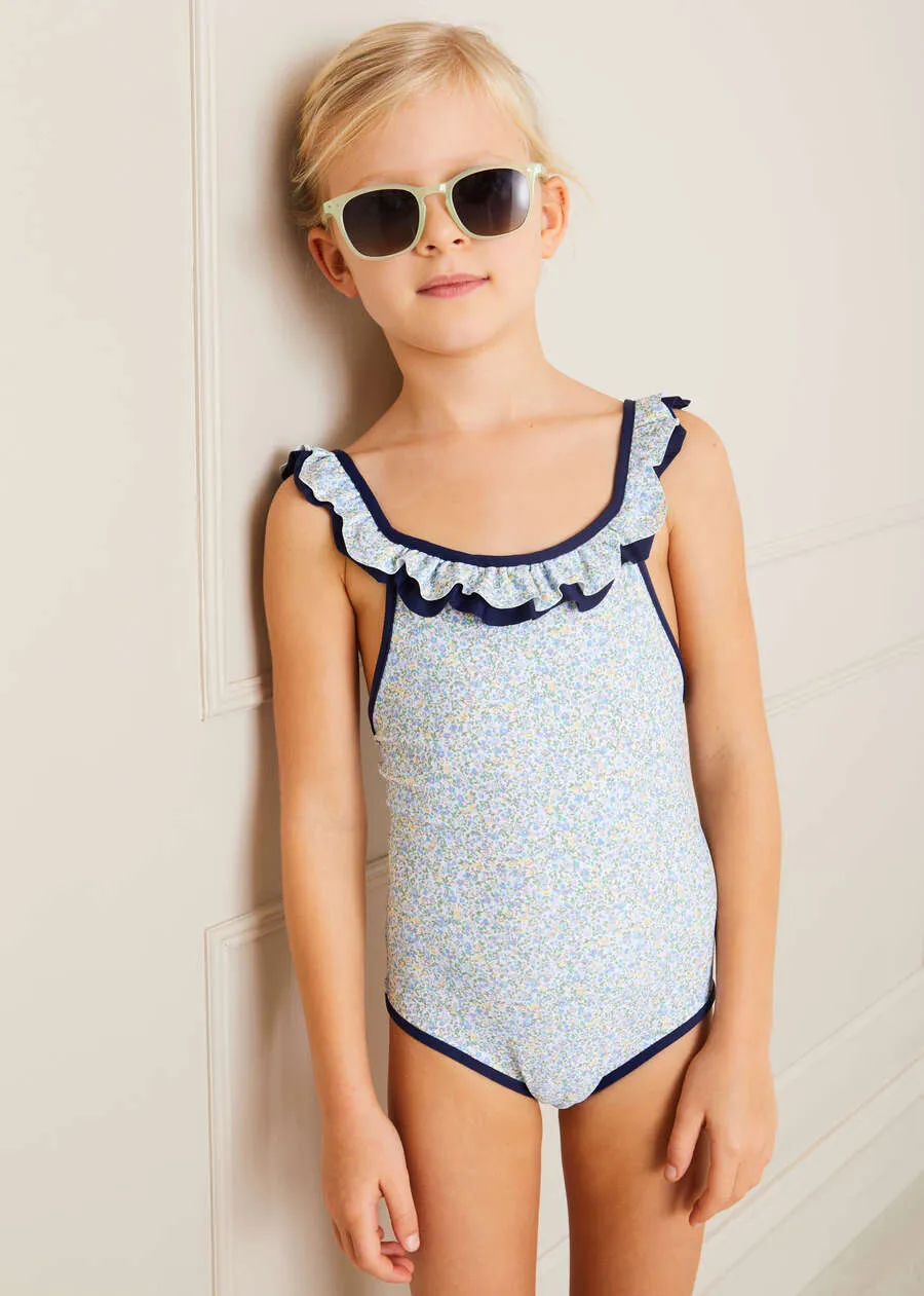 Matilda Floral Print Ruffle Trim Swimsuit in Blue (2-8yrs)