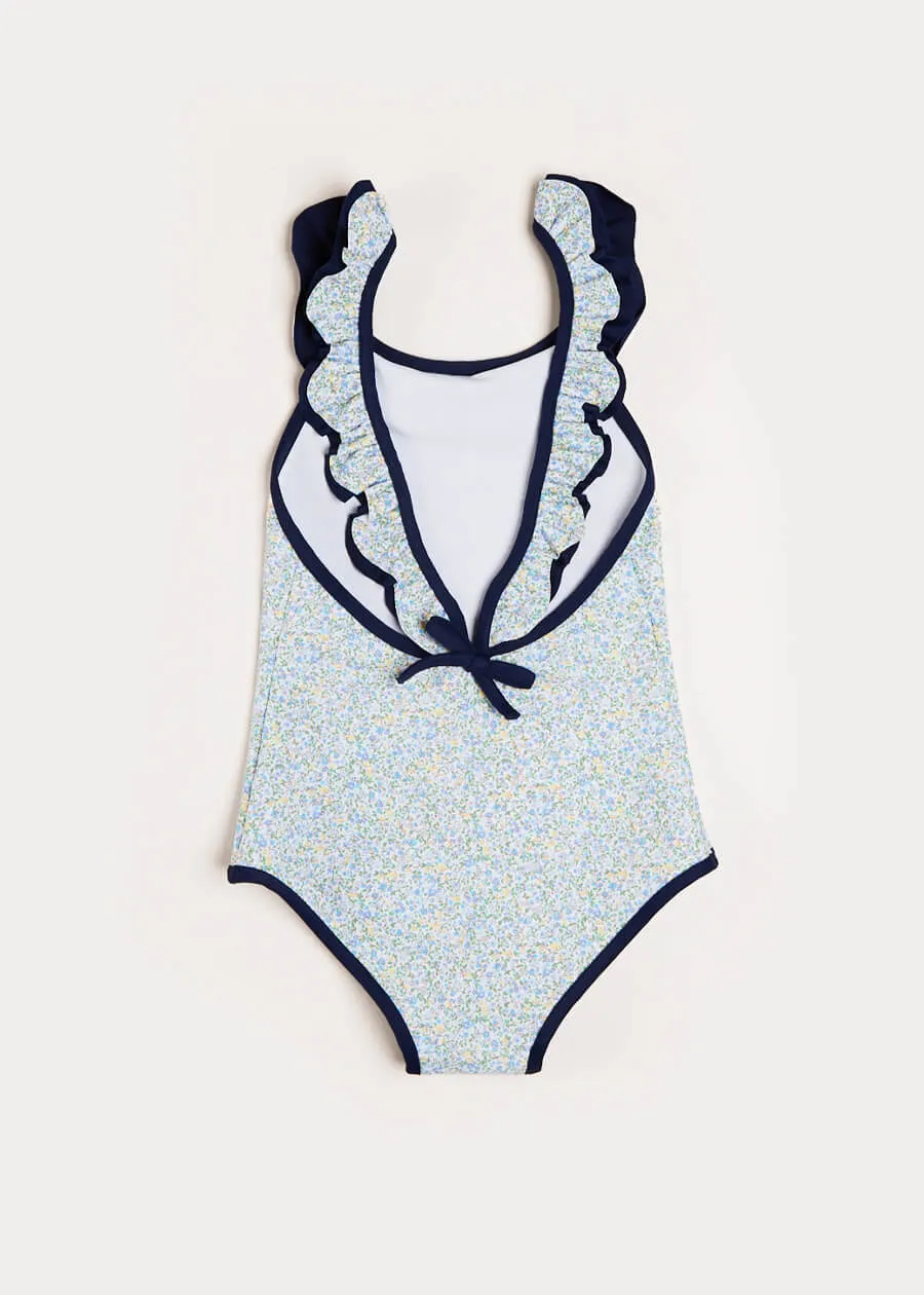 Matilda Floral Print Ruffle Trim Swimsuit in Blue (2-8yrs)