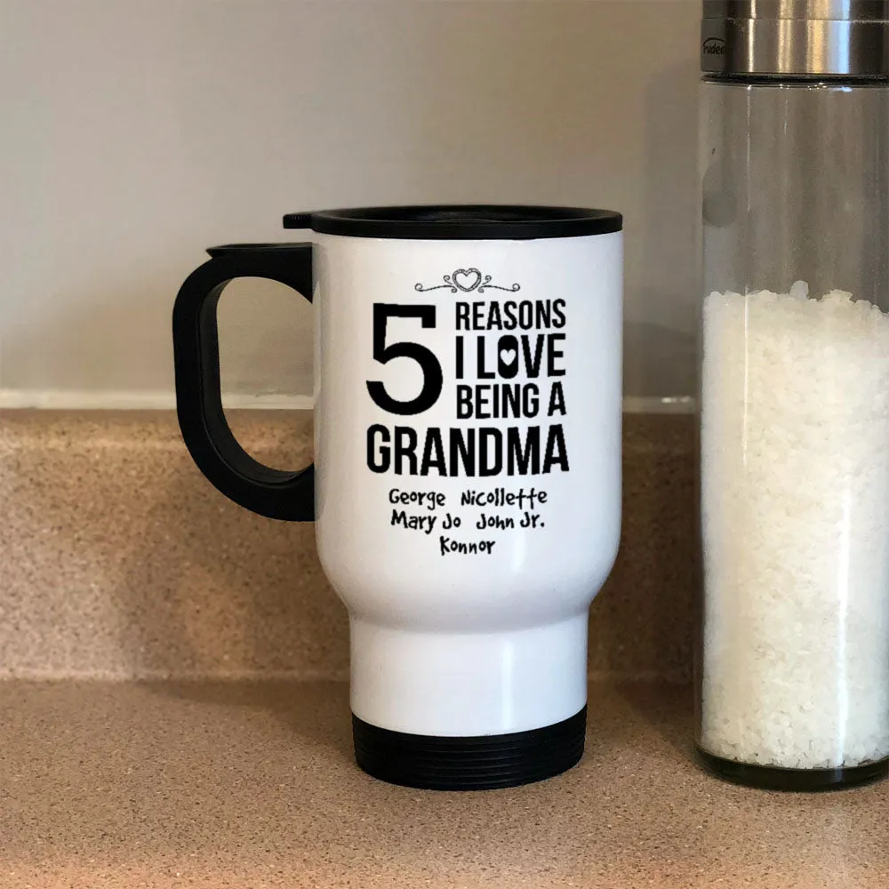 Personalized Reasons Grandma White Metal Coffee and Tea Travel Mug