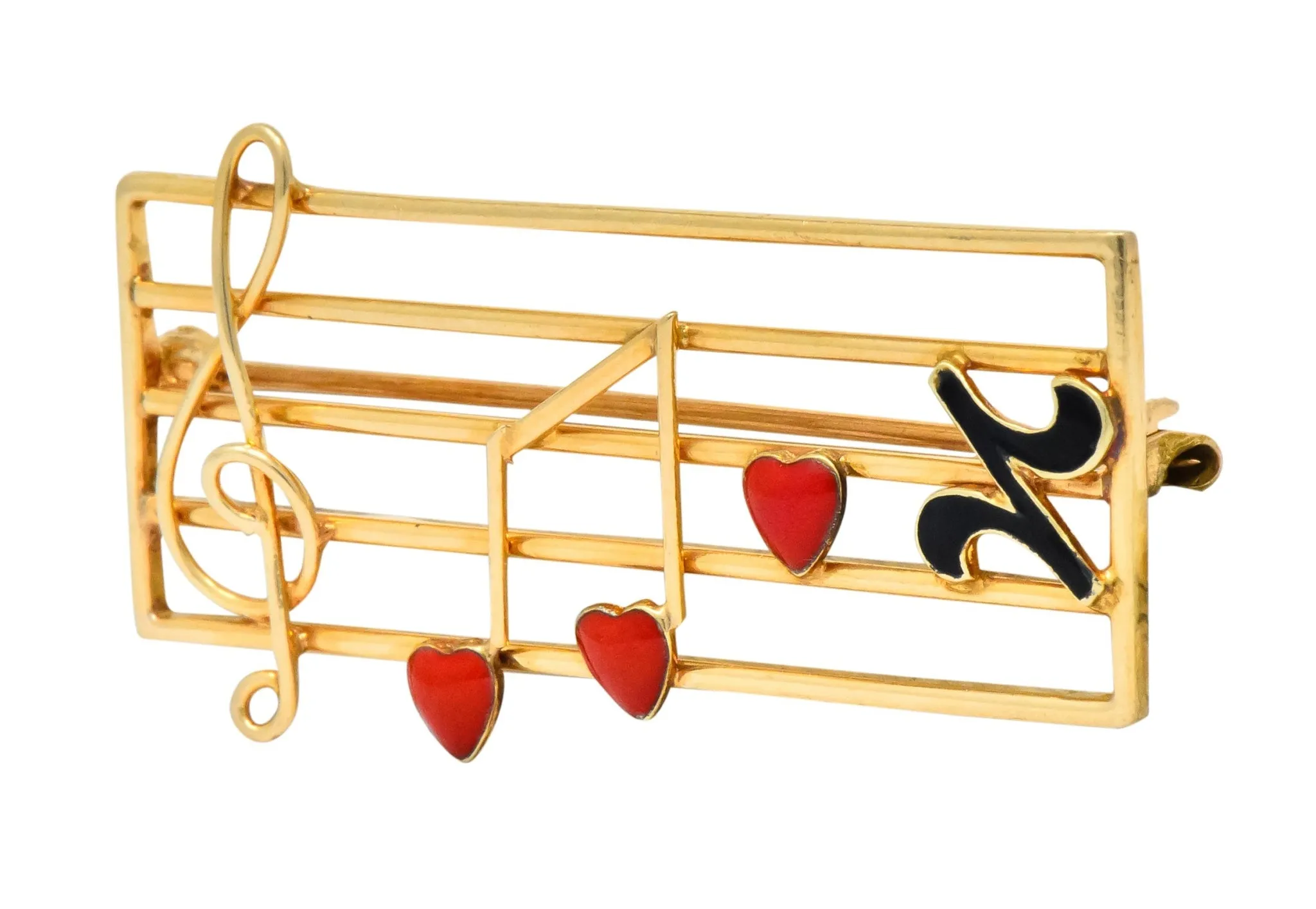 Retro Enamel 14 Karat Gold Music Clef Note Scale Brooch