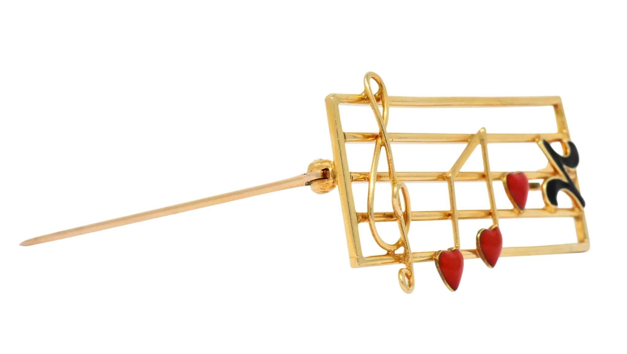 Retro Enamel 14 Karat Gold Music Clef Note Scale Brooch