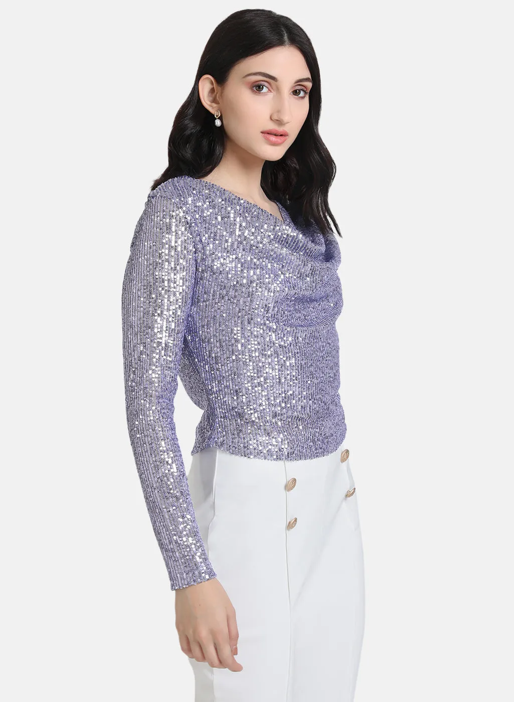 Sequin Crop Top With Cowl Neck