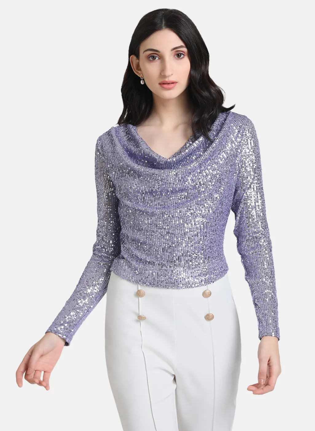 Sequin Crop Top With Cowl Neck