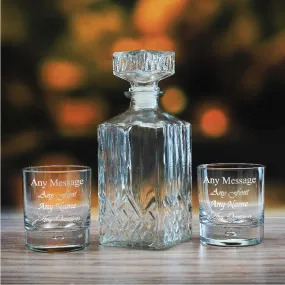 Set of 2 11.5oz Engraved  Bubble Whisky glasses and Prysm Decanter