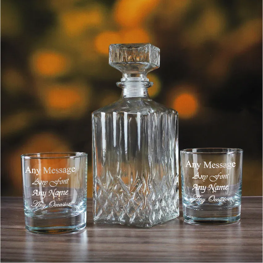 Set of 2 Engraved 11.5oz Side Whisky glasses and unengraved Prysm Decanter