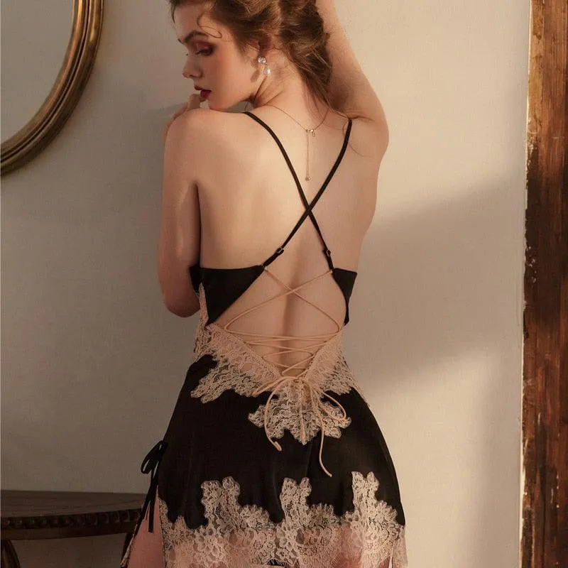 Silk Nightgown with Beauty Back Design - Sling Lace Embroidery and V-Neck Nightdress