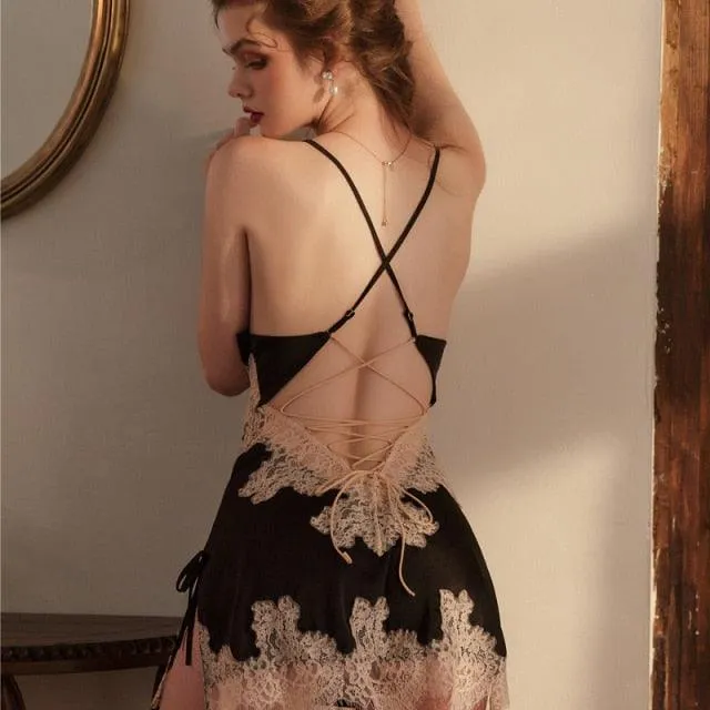 Silk Nightgown with Beauty Back Design - Sling Lace Embroidery and V-Neck Nightdress