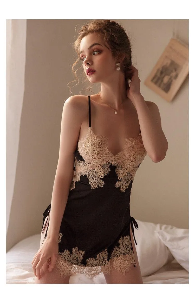 Silk Nightgown with Beauty Back Design - Sling Lace Embroidery and V-Neck Nightdress