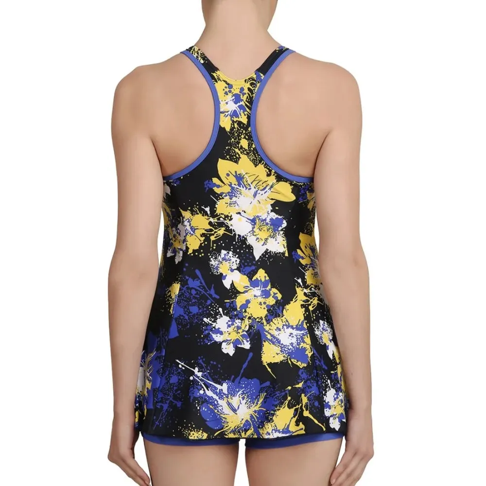 Speedo Women's Allover Print Racerback Swimdress with Boyleg (Navy/Deep peri)