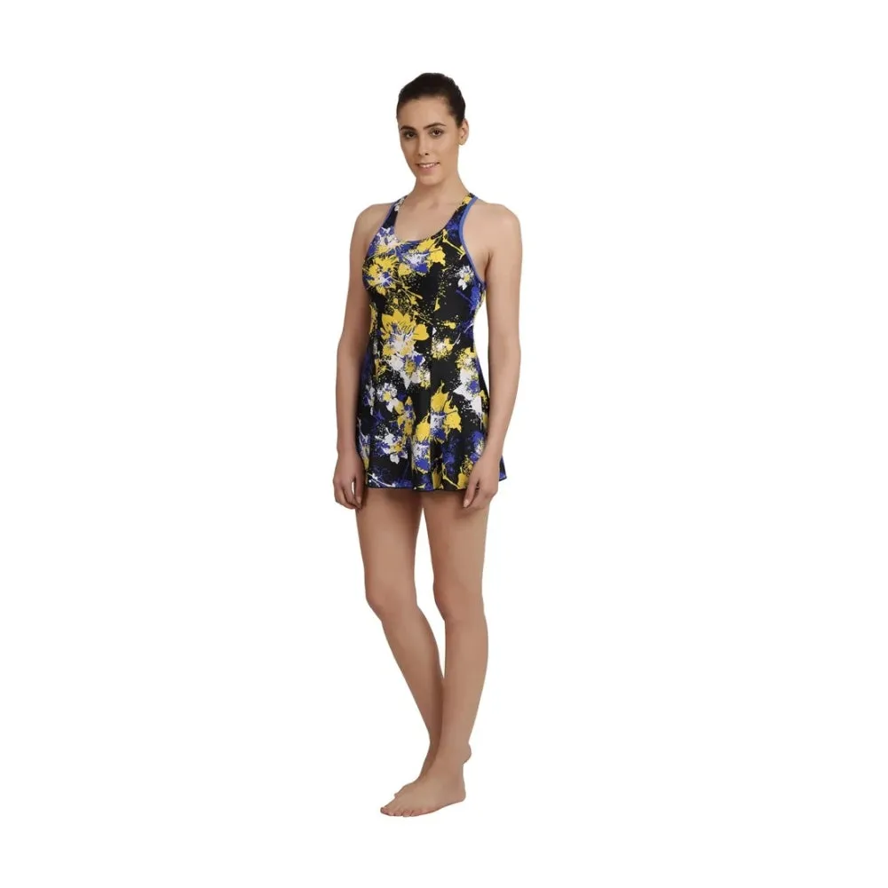 Speedo Women's Allover Print Racerback Swimdress with Boyleg (Navy/Deep peri)