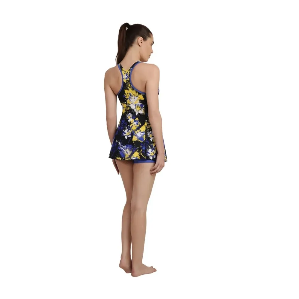 Speedo Women's Allover Print Racerback Swimdress with Boyleg (Navy/Deep peri)