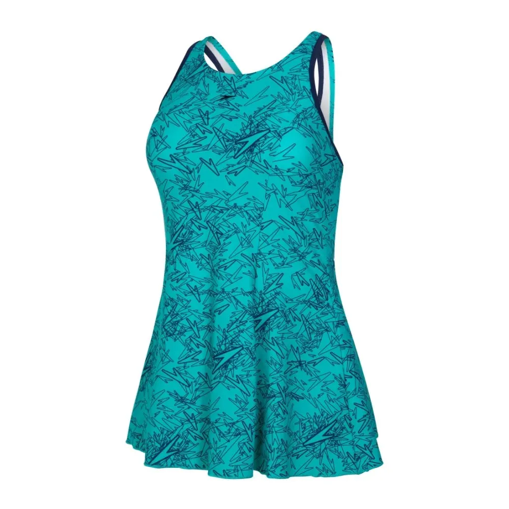 Speedo Women's Boom Allover Print Swimdress with Boyleg (Jade/Navy)