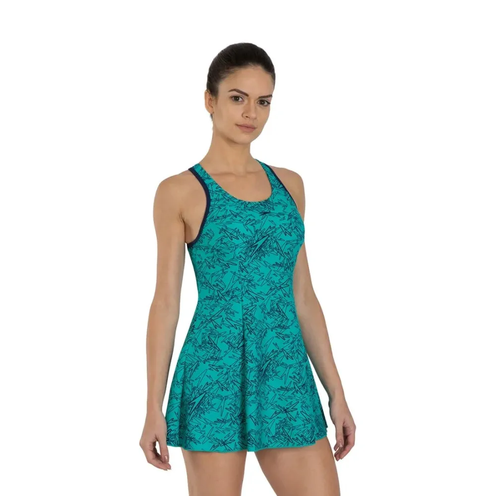 Speedo Women's Boom Allover Print Swimdress with Boyleg (Jade/Navy)