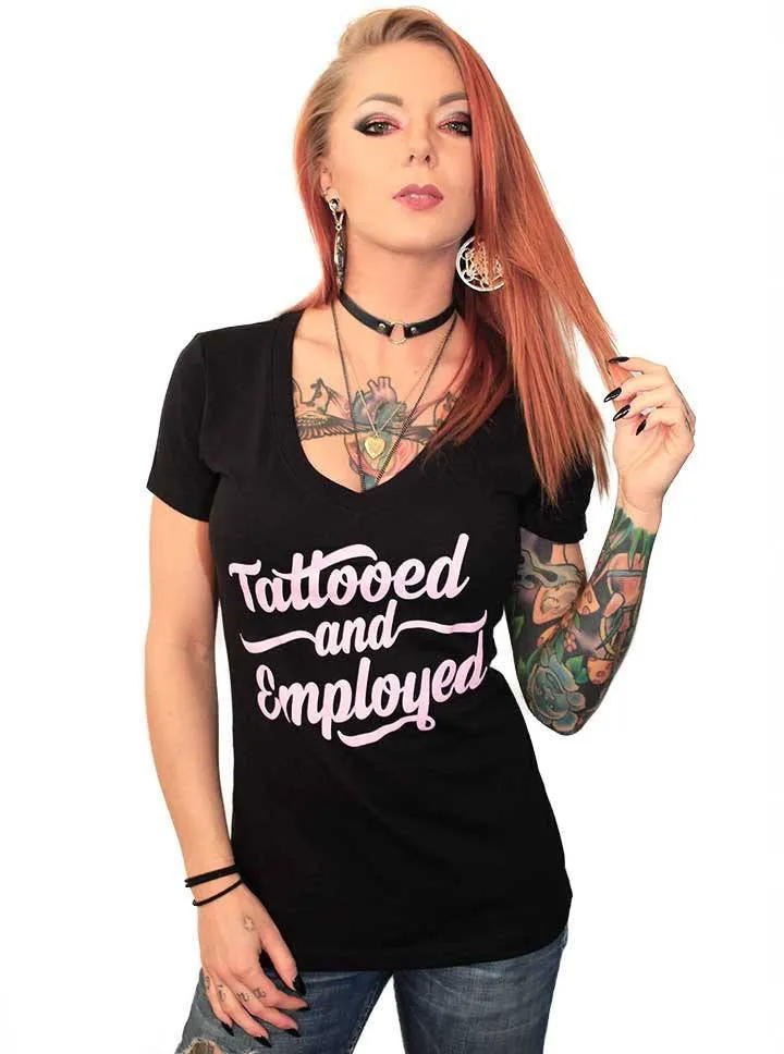 Women's Tattooed And Employed Script V-neck Tee