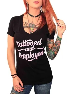 Women's Tattooed And Employed Script V-neck Tee