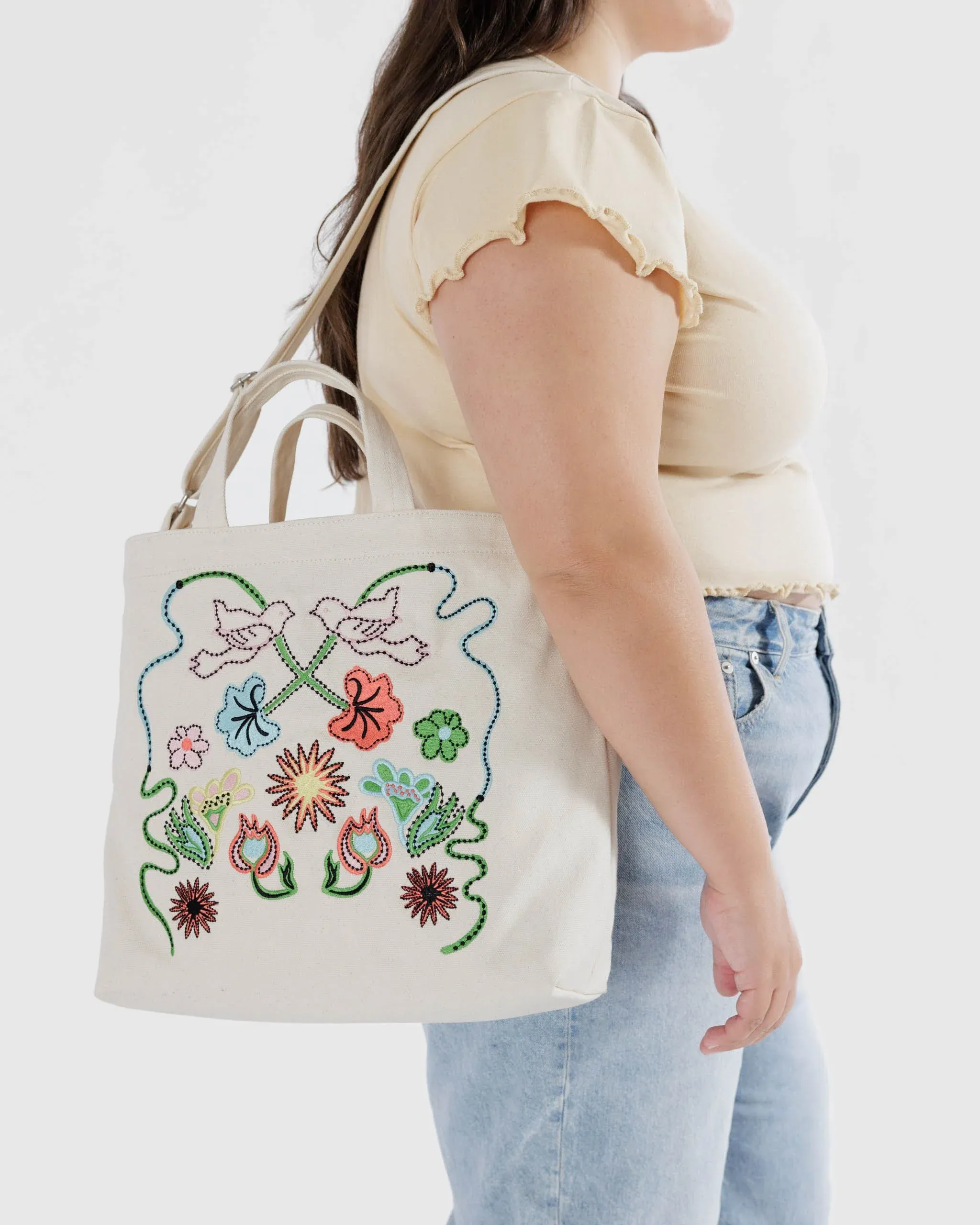 Zip Duck Bag with Embroidered Birds